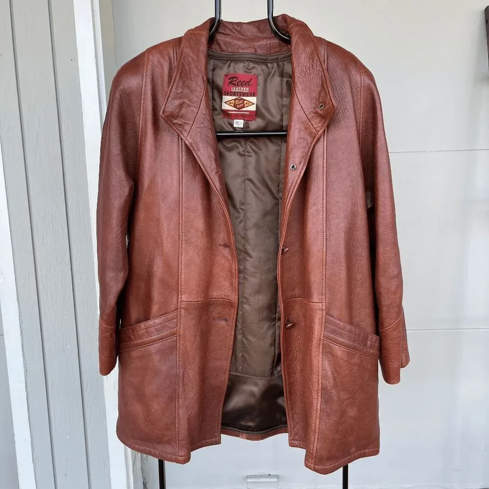 Vintage 70s Reed Sportswear Cognac Leather Coat L–XXL Western Rodeo Boho USA